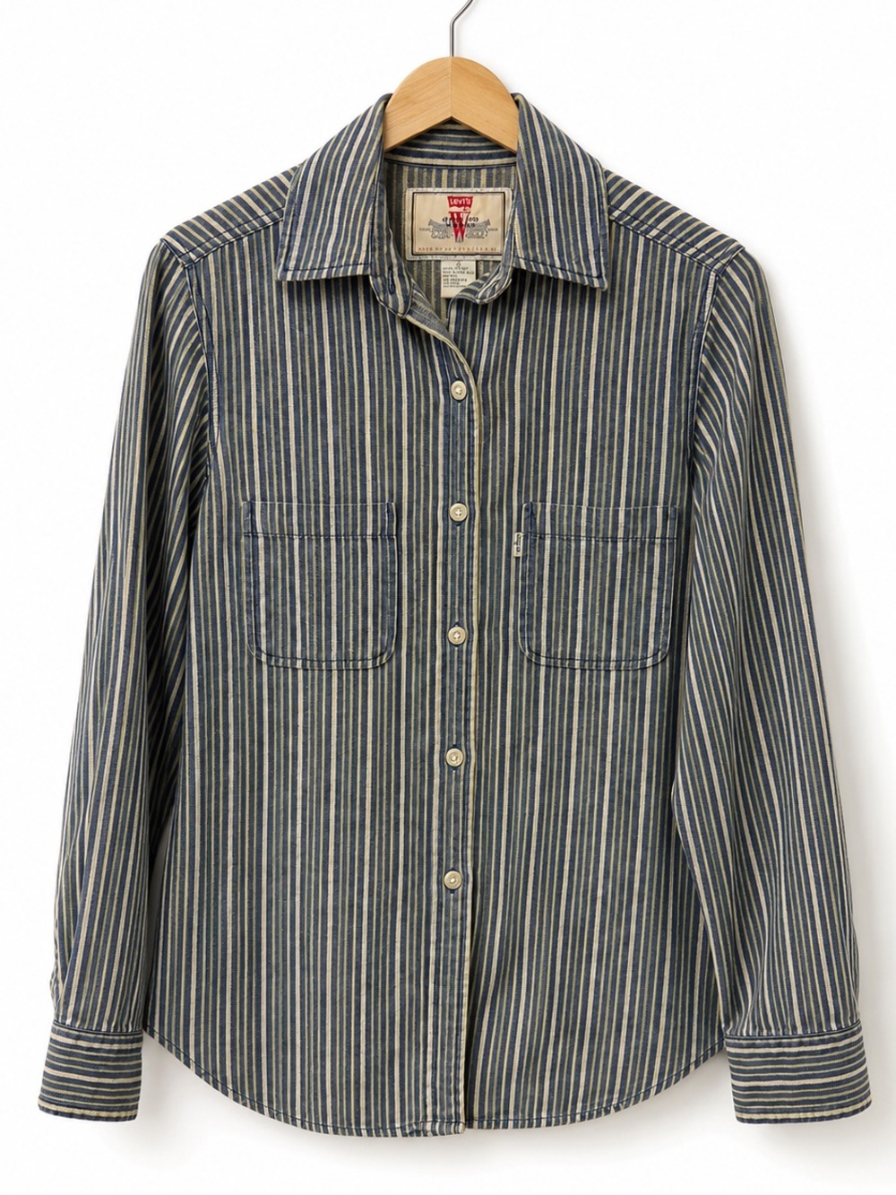 Levi’s Vintage 1996 Hickory Stripe Work Shirt Button Up Blue Green Women's Small
